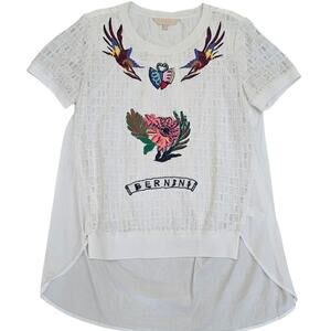 Bernini Women’s White Embroidered Tunic XL Butterfly Artsy Boho Festival Blouse